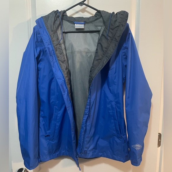 Columbia Bright Blue Hooded Rain Jacket Mesh Lining Sz M - Picture 2 of 11